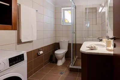 a bathroom with a toilet and a sink and a shower at Villa Avelios in Karefilianá