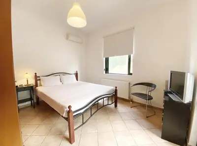 a bedroom with a bed and a television in it at Green door in Nerokoúros