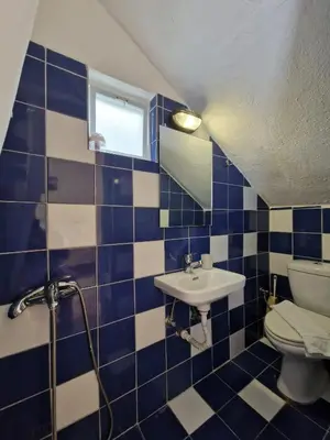 a blue and white bathroom with a toilet and a sink at Stefanos Garden2 in Arménoi
