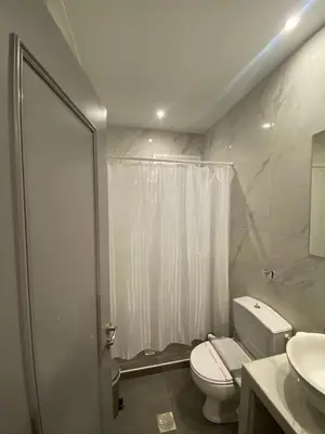 a bathroom with a toilet and a shower and a sink at Tile Apartments 3 in Agia Marina Nea Kydonias