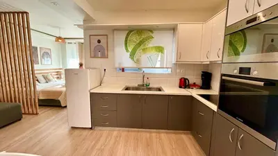 a small kitchen with a sink and a refrigerator at Καλαίσθητο Ηλιόλουστο Studio in Chania Town