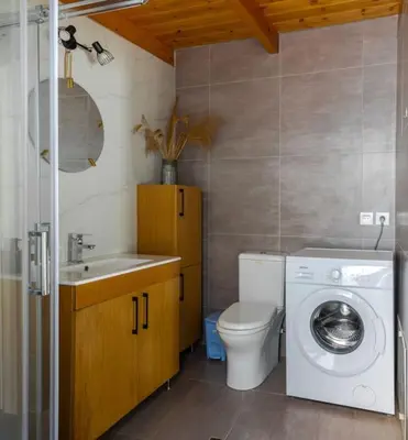a bathroom with a washing machine and a toilet at Roidis Apartments -close to city in Chania Town