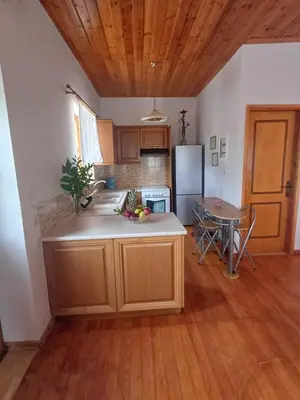 a kitchen with wooden cabinets and a table and a refrigerator at Olive Stone in Kamisianá