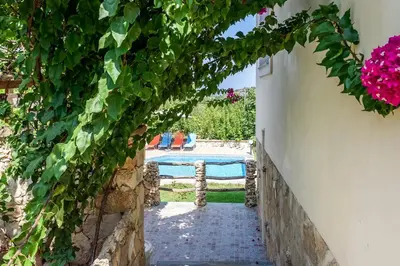 a pathway leading to a pool with pink flowers at Theodoras Villas in Gavalochori