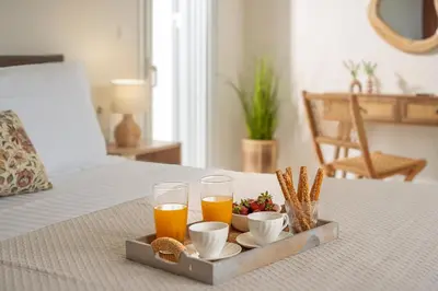 a tray with two glasses of orange juice and cinnamon sticks at Pithos Apartment in Korakiaí