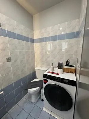 a bathroom with a toilet and a washing machine at Unique Apartment 3 in Chania Town
