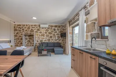 a kitchen and living room with a stone wall at Liastera Luxury Apartments in Áyios Fótios