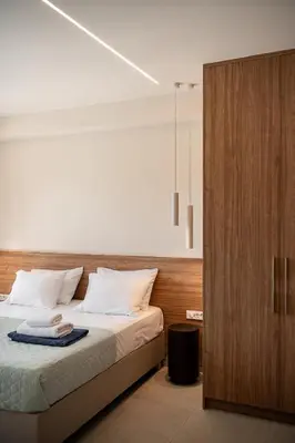 a bedroom with a bed and a wooden door at Aurea Beach Villa in Kato Daratso