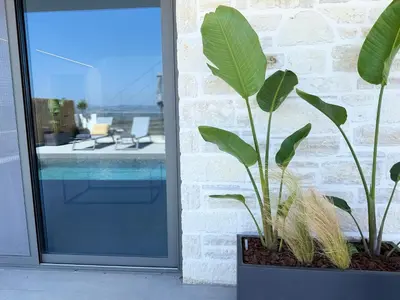 a plant in a pot next to a glass door at Sunrise Village Aptera Private Pool Villa in Beritianá
