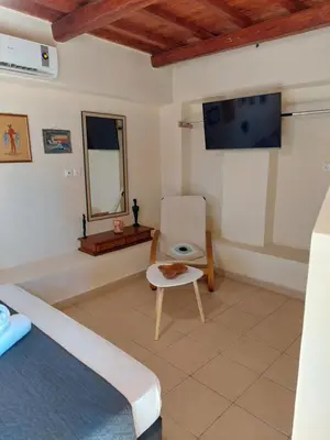 a bedroom with a bed and a tv and a chair at Casa Cretese Chania in Tsikalariá