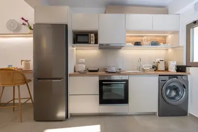 a kitchen with a refrigerator and a washing machine at Aladdin Luxury Suites With Shared Pool in Galatás