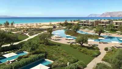 an aerial view of the resort and the beach at Ikos Kissamos in Kissamos