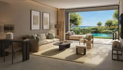 a living room with a couch and a table at Ikos Kissamos in Kissamos