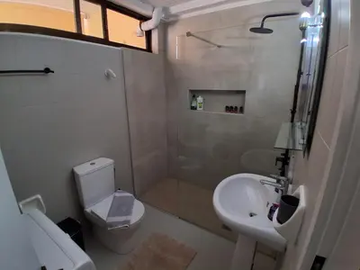 a bathroom with a shower and a toilet and a sink at Diotima apartment in Chania Town