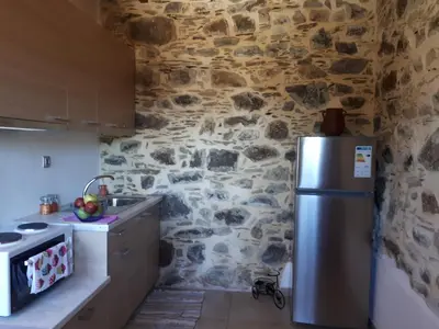 a kitchen with a stone wall and a refrigerator at Panorama Apartment in Kefálion