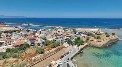 an aerial view of a town next to the ocean at Bay view in town in Chania Town