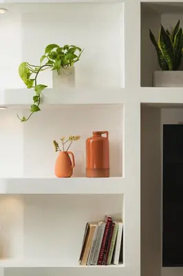 a shelf with books and potted plants on it at Thamon lifestyle living in Chania Town