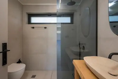 a bathroom with a shower and a toilet and a sink at Villa Zen in Alikianós
