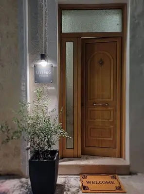 a wooden door with a potted plant in front of it at Lithos in Palaiochóra