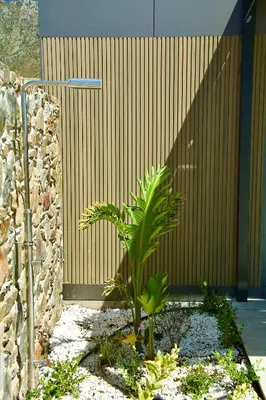 a plant in front of a building with a fence at LIViT Condo Elafonisi in Agios Padeleimon