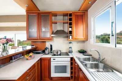 a kitchen with wooden cabinets and a sink at Nektar Luxury Apartment in Stalos