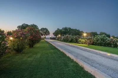 an empty road with flowers and trees and street lights at New Beachfront villa Six Stars in Chania,close to the beach & amenities in Kamisianá