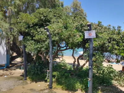 a group of trees on a sandy beach at Hillside Escape by the Sea in Daratso