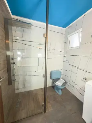 a bathroom with a blue toilet and a shower at Suites Near Elafonisi in Élos
