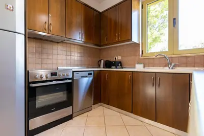 a kitchen with wooden cabinets and stainless steel appliances at Sense of Dream Villas in Tavronitis