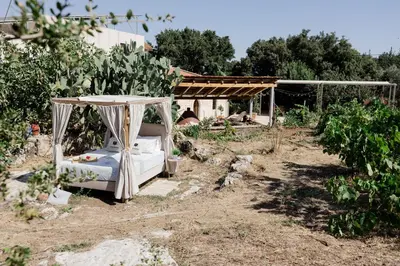 a bed in the yard of a garden at Star Sleep Dourakis Winery Chania in Alikampos