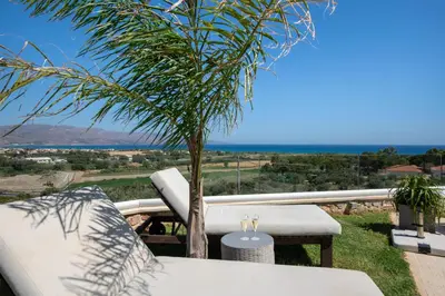 a view of the ocean from a patio with a palm tree at Villa Lady Dafni with private heated pool in Maleme