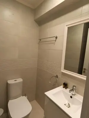 a bathroom with a toilet and a sink and a mirror at Apartment Odysea in Plataniás
