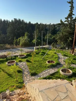 a garden with trees and a stone path at Villa & Apartament Armonia 3 Gaja Flora Gavalochori - Vamos KRETA in Vamos