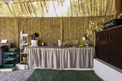 a table in a room with a table cloth on it at Edem private camping in Análipsis
