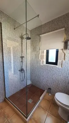 a bathroom with a glass shower with a toilet at Despoinas House in Kounoupidhianá