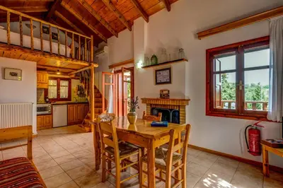 a dining room with a table and a fireplace at Manoli's House in Douliana