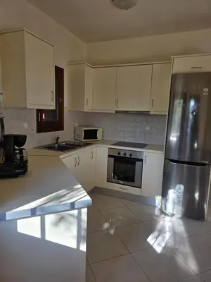 a kitchen with white cabinets and a stainless steel refrigerator at Villa Anna Gaia In Tzivaras in Tsivarás