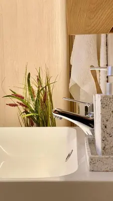 a white sink on a counter with a plant at Cellar - Shared Pool & Nature Views in Spiliá