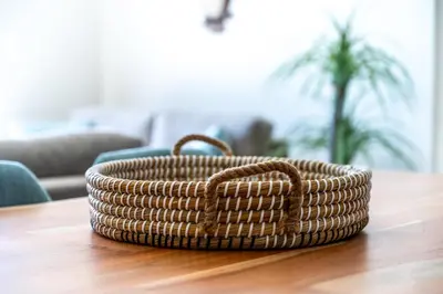 a wicker basket sitting on top of a table at Elpida Luxury Villa, private pool, fantastic view! in Stérnai