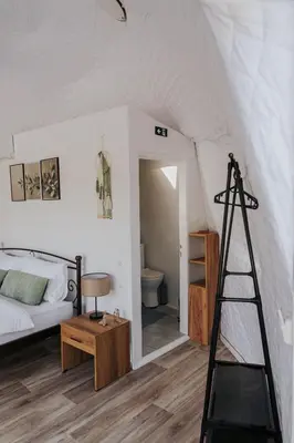 a ladder in a bedroom with a bed at Olive Dome, Luxury Glamping Dome in Crete in Gavalochori
