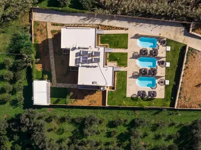 an overhead view of a house with a pool at Armdin Seaview Villa 1 in Módhion