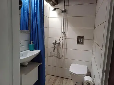 a bathroom with a shower and a toilet and a sink at Old Stone House in Chania Town
