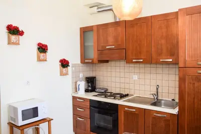a kitchen with wooden cabinets and a sink and a microwave at Rubini Homes in Agia Marina Nea Kydonias