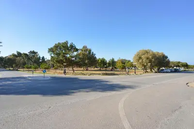 an empty road in a park with trees at Katerina Rooms Agii Apostoloi in Kato Daratso
