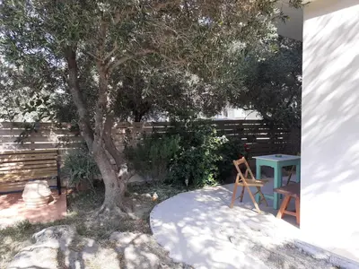 a tree in a yard with a table and a chair at Kampos Rooms in Palaiochóra