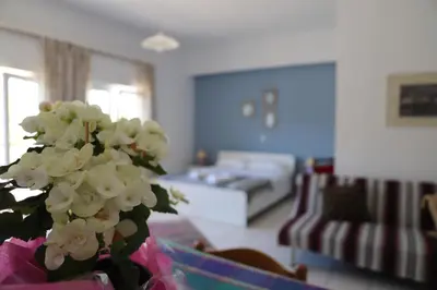 a living room with a vase with white flowers on a table at Aris Apartments in Gerani Chanion