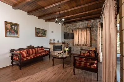 a living room with a couch and a fireplace at Sunset Traditional House in Ravdhoúkha