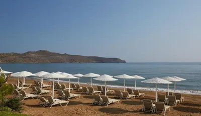 a row of chairs and umbrellas on a beach at Giannoulis - Santa Marina Plaza (Adults Only) in Agia Marina Nea Kydonias