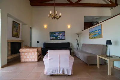 a living room with a couch and a fireplace at Ktima Nikolaos in Arónion