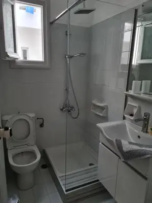 a bathroom with a shower and a toilet and a sink at Crown Apartments in Kalyves